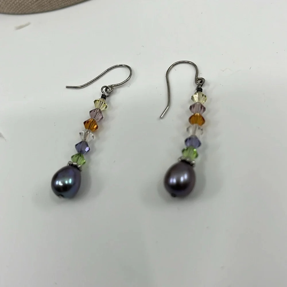 Swarovski Crystal & Blue Pearl 925 Sterling Drop Earrings - Picture 8 of 17